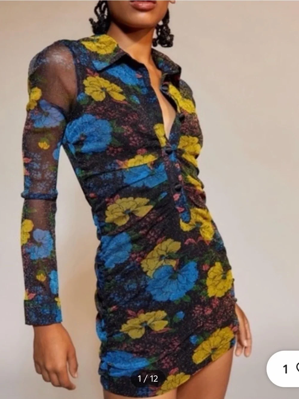 Urban Outfitters Ruched Sheer Floral Mini Dress in Blue & Yellow T-23